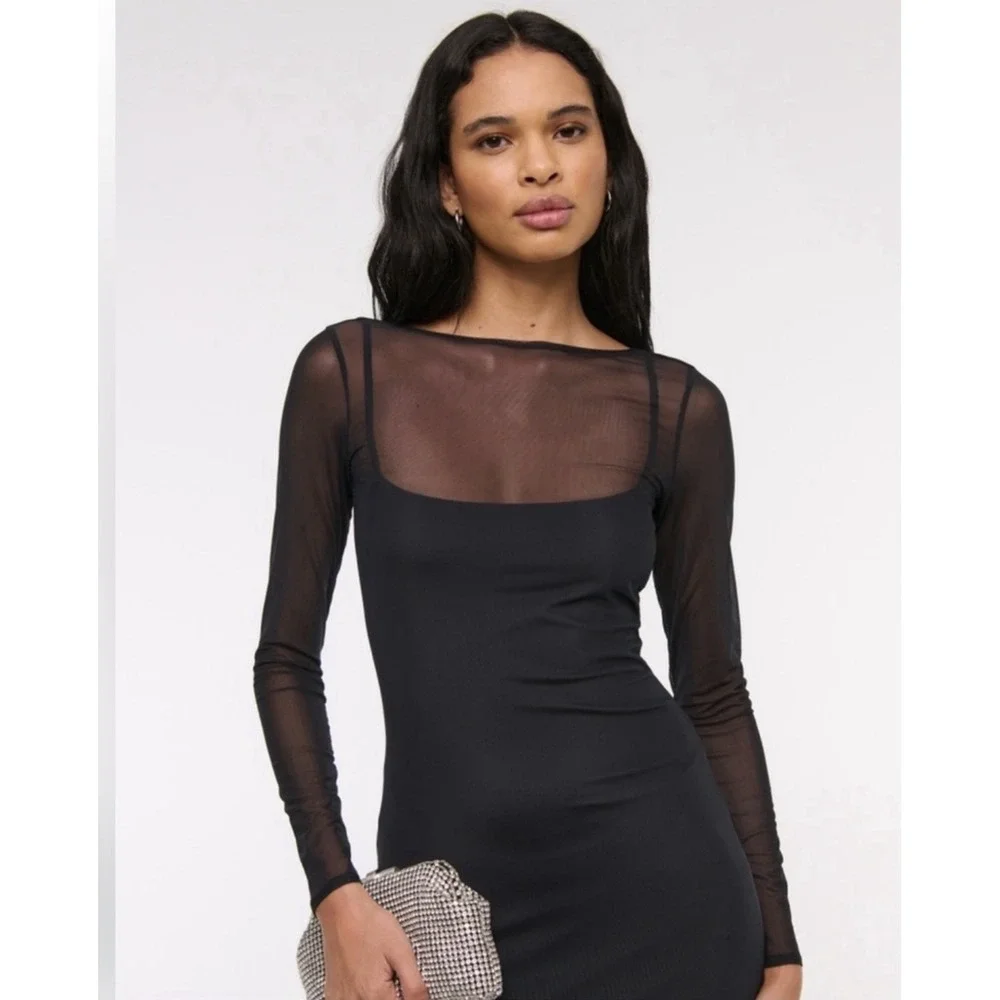 Abercrombie & Fitch‎ Long Sleeve Mesh Maxi Dress Sz S Sheer Open Back Slit Party
